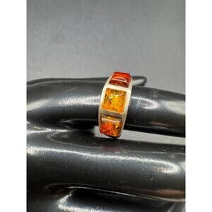 Vintage Sterling Silver 925 Baltic Amber 3 Gemstone Band Ring Size 8.5